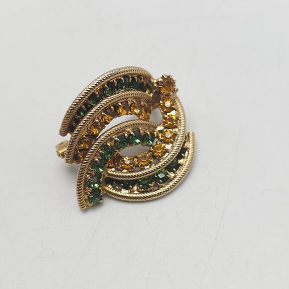 Vintage Gold Tone Swirl Brooch With Green and Amber Rhinestones - Picture 2 of 4